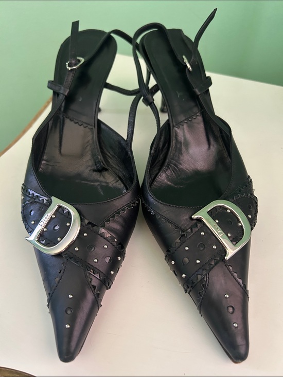 Dior Shoes - Dior Black Pointed Leather Slingback Heels with Silver D Buckles